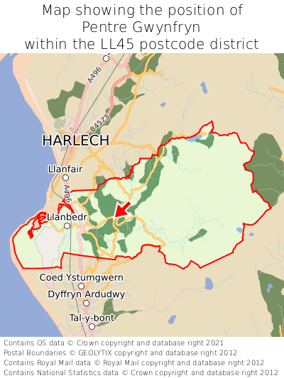 Map showing location of Pentre Gwynfryn within LL45