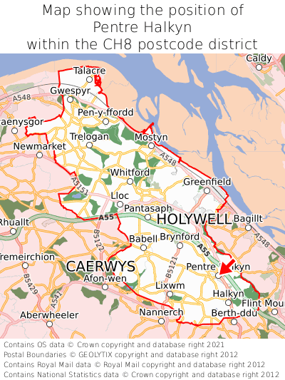 Map showing location of Pentre Halkyn within CH8