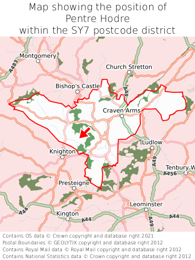 Map showing location of Pentre Hodre within SY7