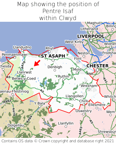 Map showing location of Pentre Isaf within Clwyd