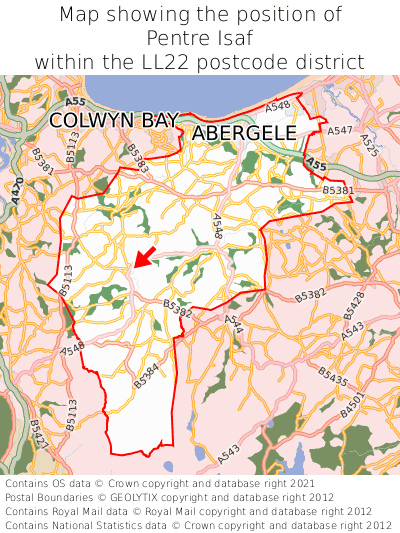 Map showing location of Pentre Isaf within LL22