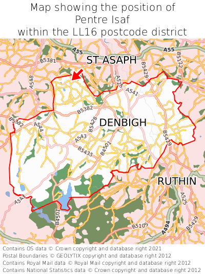 Map showing location of Pentre Isaf within LL16