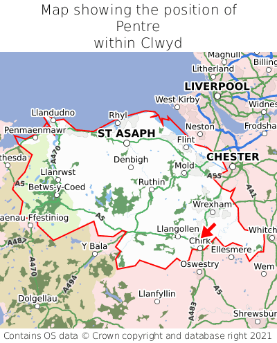 Map showing location of Pentre within Clwyd