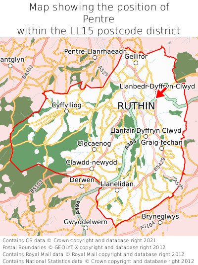 Map showing location of Pentre within LL15