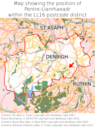 Map showing location of Pentre-Llanrhaeadr within LL16