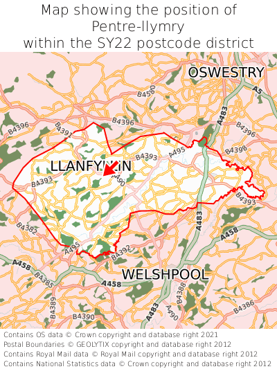 Map showing location of Pentre-llymry within SY22