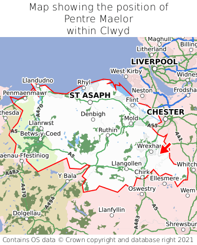 Map showing location of Pentre Maelor within Clwyd