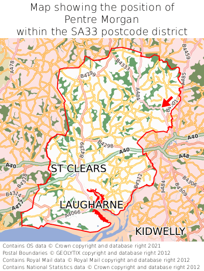 Map showing location of Pentre Morgan within SA33