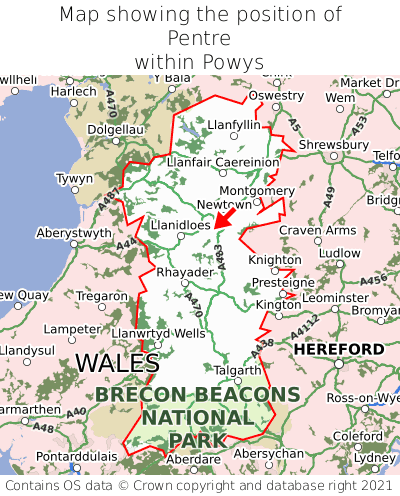 Map showing location of Pentre within Powys