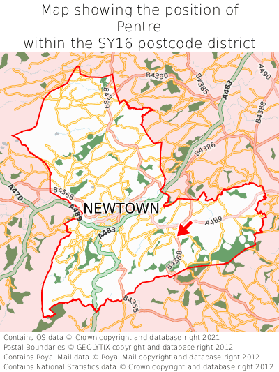 Map showing location of Pentre within SY16