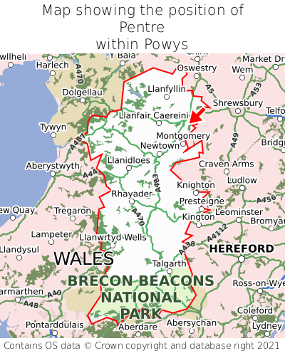 Map showing location of Pentre within Powys
