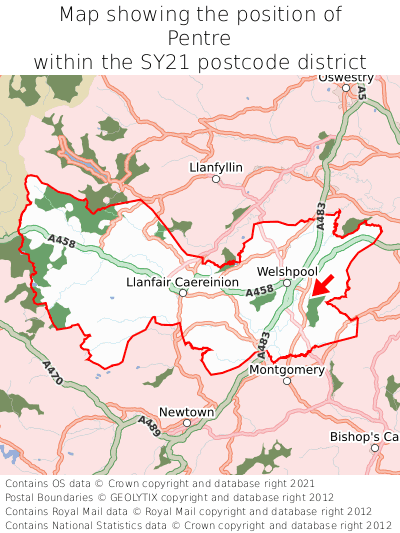 Map showing location of Pentre within SY21