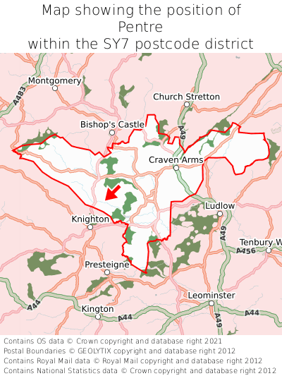 Map showing location of Pentre within SY7