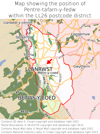 Map showing location of Pentre-tafarn-y-fedw within LL26