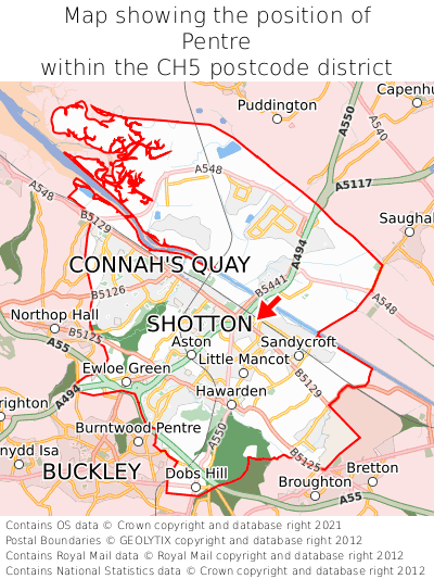 Map showing location of Pentre within CH5