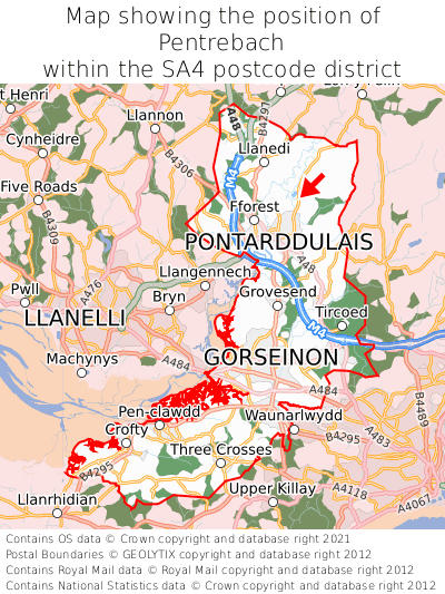 Map showing location of Pentrebach within SA4