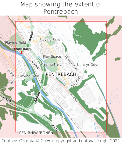 Map showing extent of Pentrebach as bounding box
