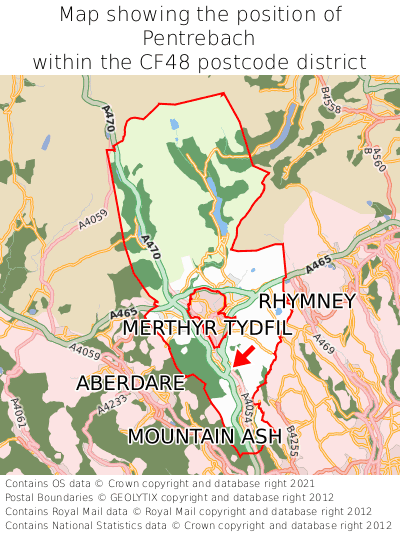 Map showing location of Pentrebach within CF48