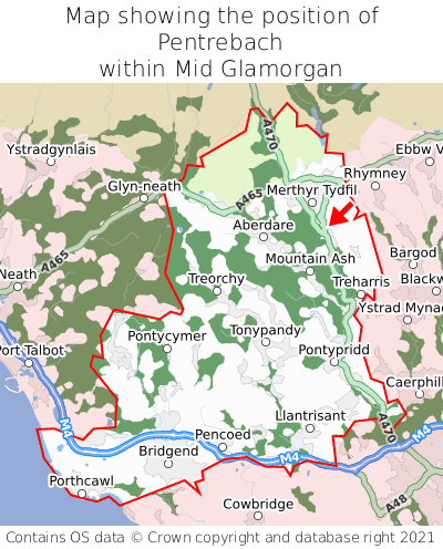 Map showing location of Pentrebach within Mid Glamorgan