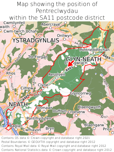 Map showing location of Pentreclwydau within SA11