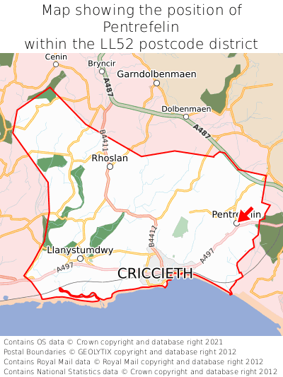 Map showing location of Pentrefelin within LL52