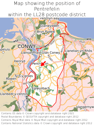 Map showing location of Pentrefelin within LL28
