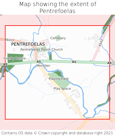 Map showing extent of Pentrefoelas as bounding box