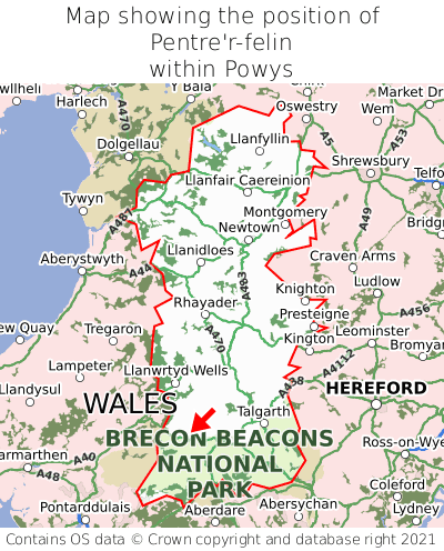 Map showing location of Pentre'r-felin within Powys