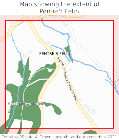 Map showing extent of Pentre'r Felin as bounding box