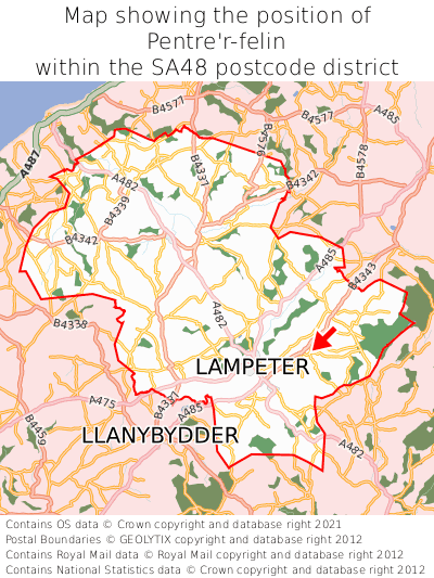 Map showing location of Pentre'r-felin within SA48