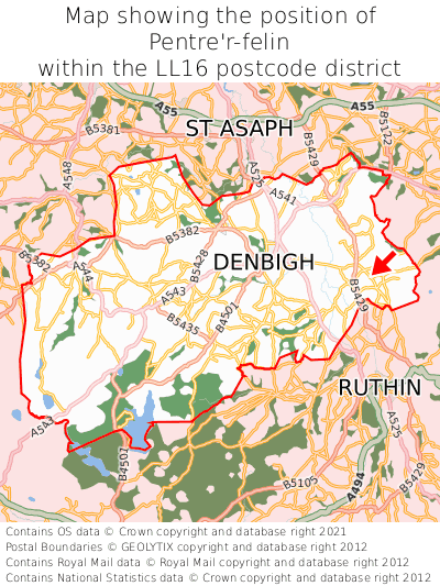 Map showing location of Pentre'r-felin within LL16