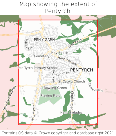 Map showing extent of Pentyrch as bounding box