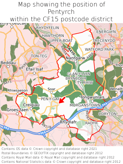 Map showing location of Pentyrch within CF15