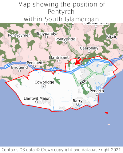 Map showing location of Pentyrch within South Glamorgan