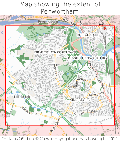 Map showing extent of Penwortham as bounding box