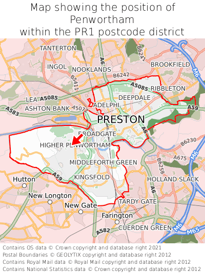 Map showing location of Penwortham within PR1