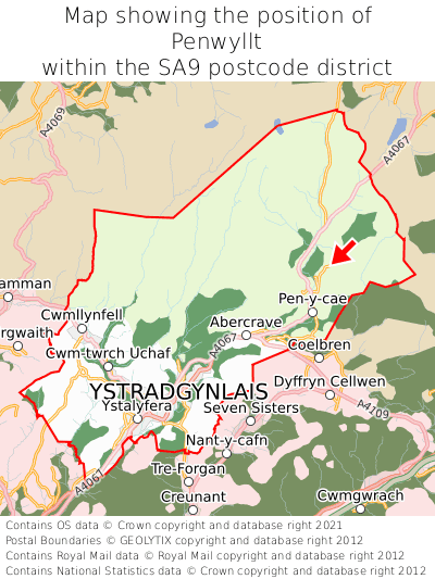 Map showing location of Penwyllt within SA9