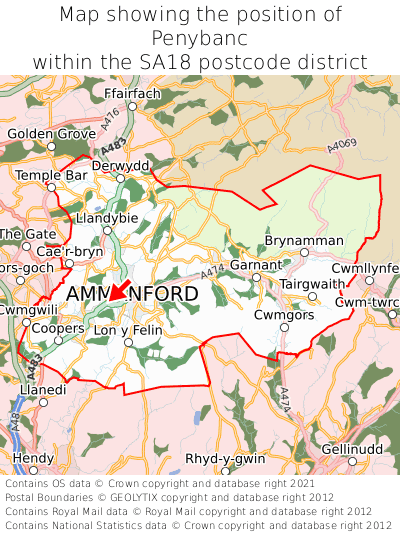 Map showing location of Penybanc within SA18