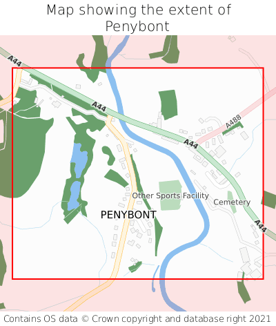Map showing extent of Penybont as bounding box