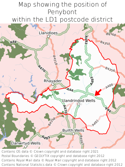 Map showing location of Penybont within LD1