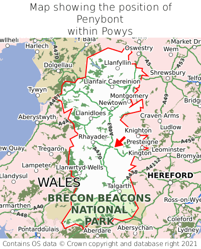 Map showing location of Penybont within Powys