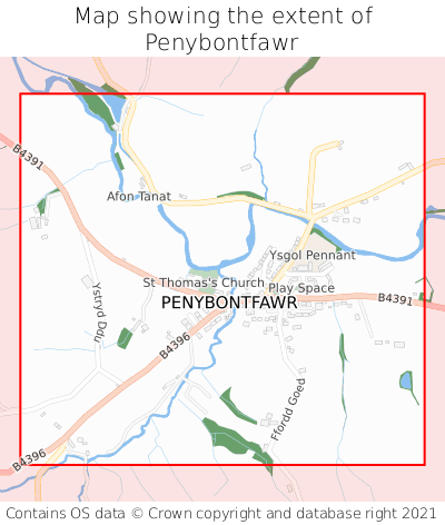 Map showing extent of Penybontfawr as bounding box