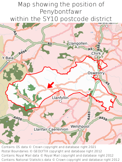 Map showing location of Penybontfawr within SY10