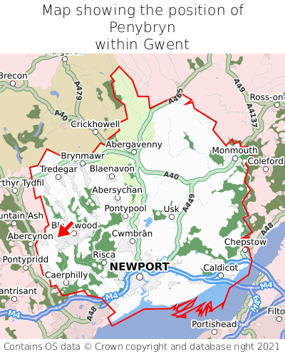 Map showing location of Penybryn within Gwent