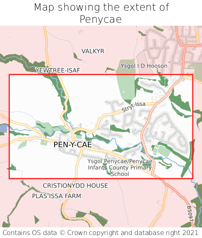 Map showing extent of Penycae as bounding box