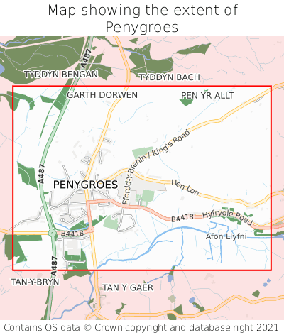 Map showing extent of Penygroes as bounding box