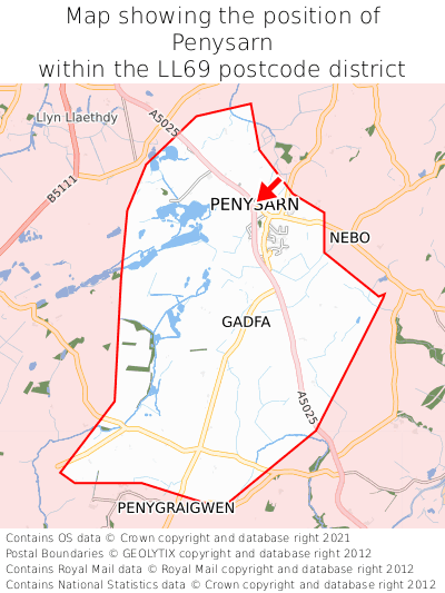 Map showing location of Penysarn within LL69