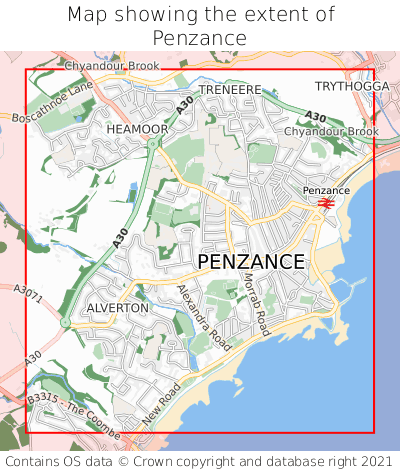 Map showing extent of Penzance as bounding box