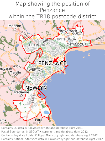 Map showing location of Penzance within TR18