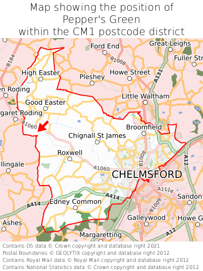 Map showing location of Pepper's Green within CM1